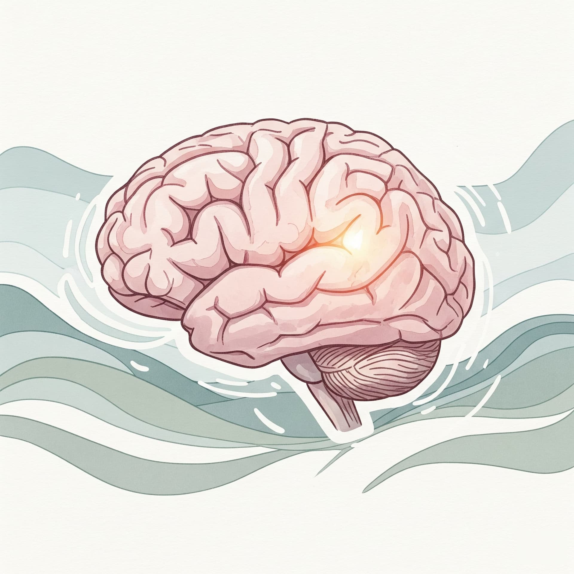 A stylized brain with a spotlight on the amygdala, surrounded by calming waves, representing reduced activity.