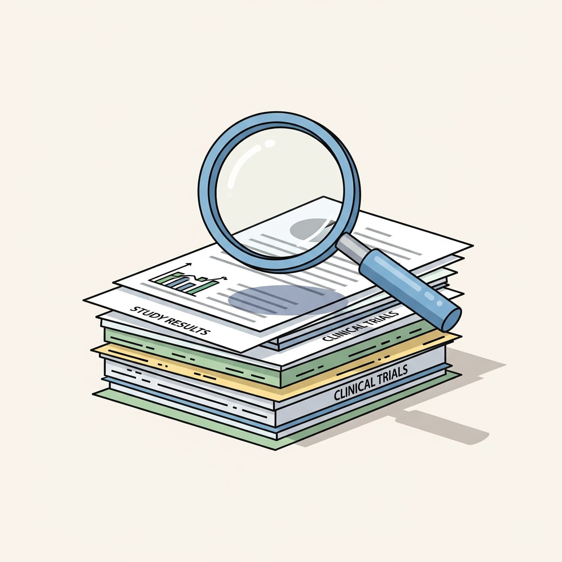 A magnifying glass over a stack of research papers, symbolizing evidence-based therapy.