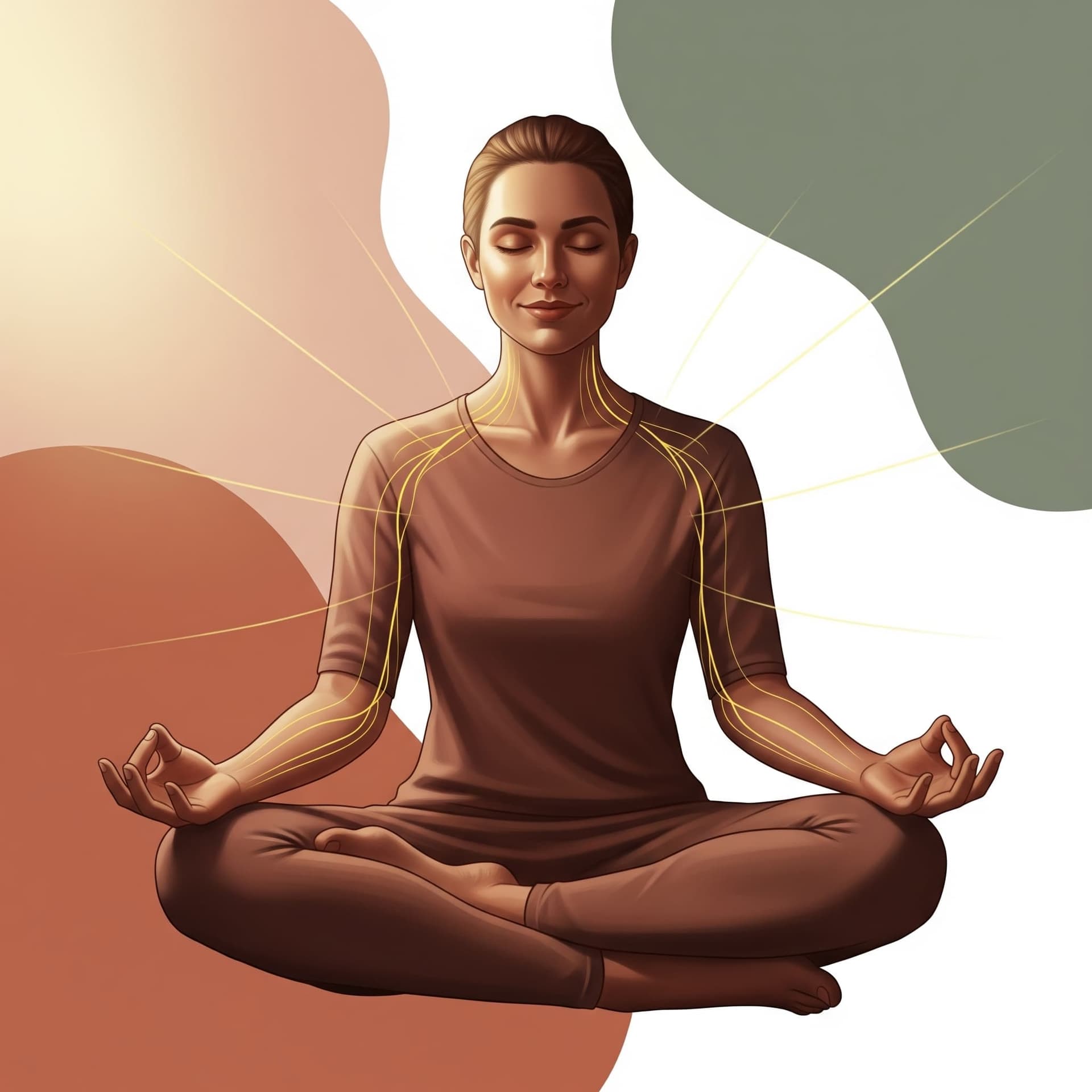 A person meditating calmly, with subtle lines radiating from their body, illustrating a relaxed nervous system