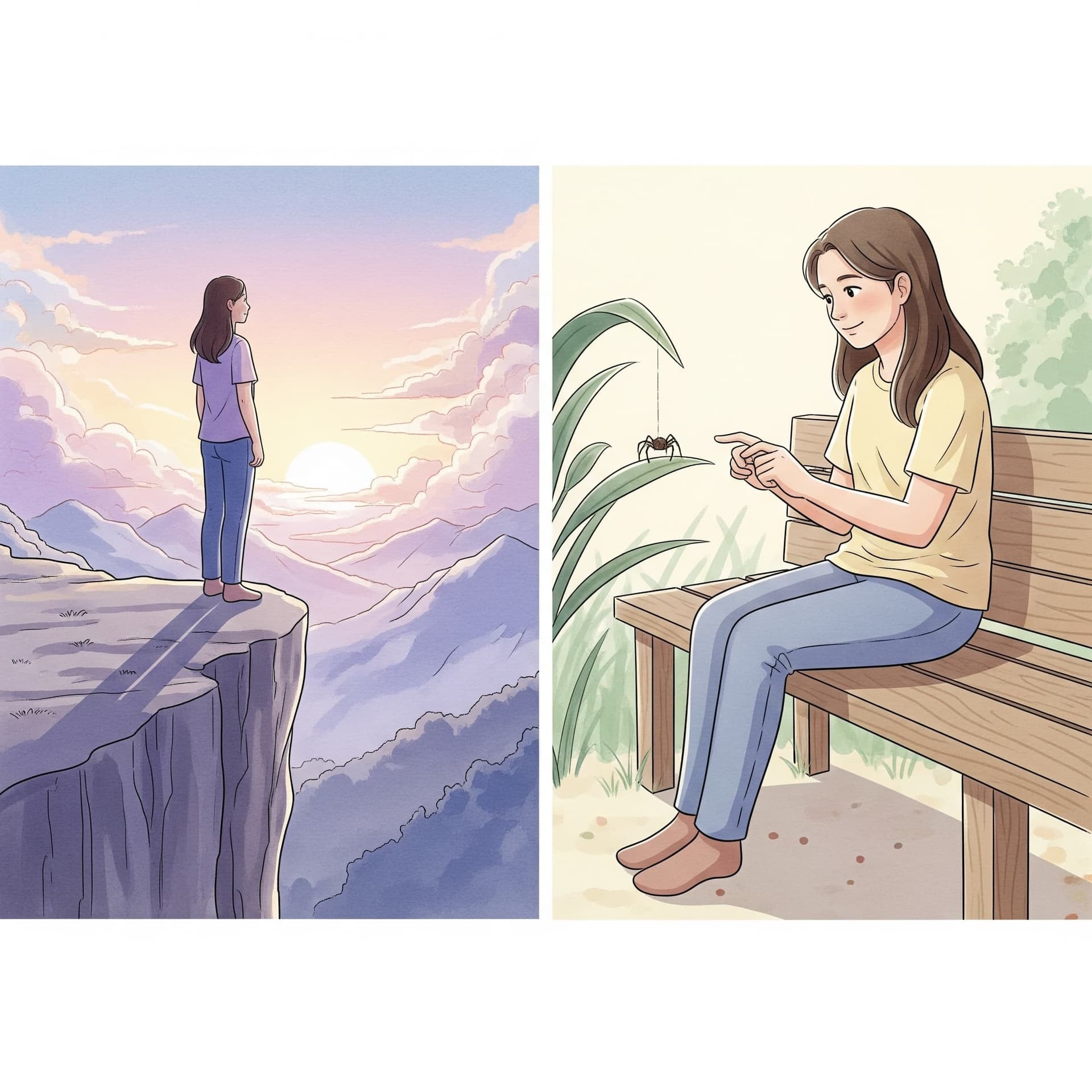 A person overcoming a fear, perhaps standing confidently on a high place or near a harmless spider.