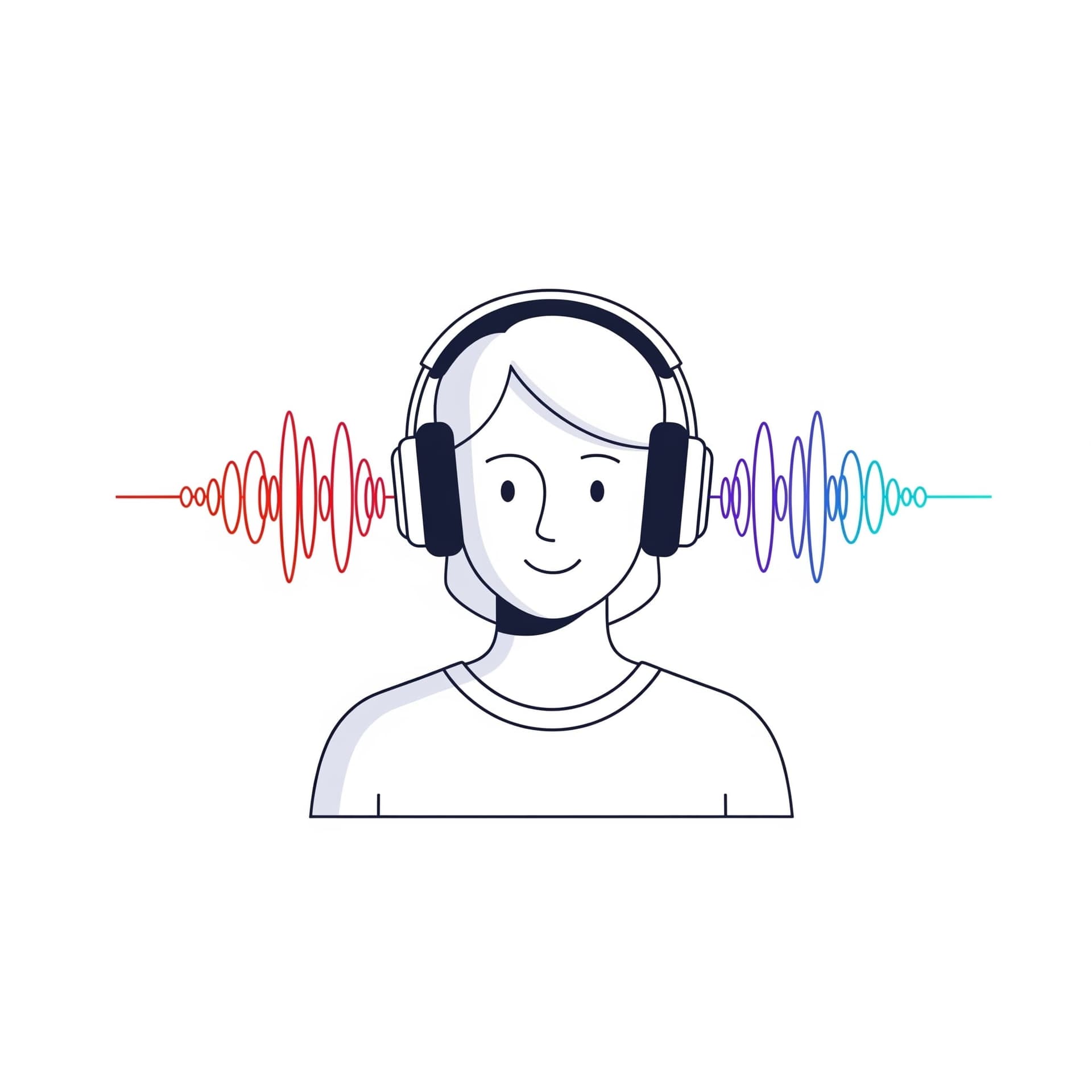 A person wearing headphones, with sound waves alternating between the left and right ears.