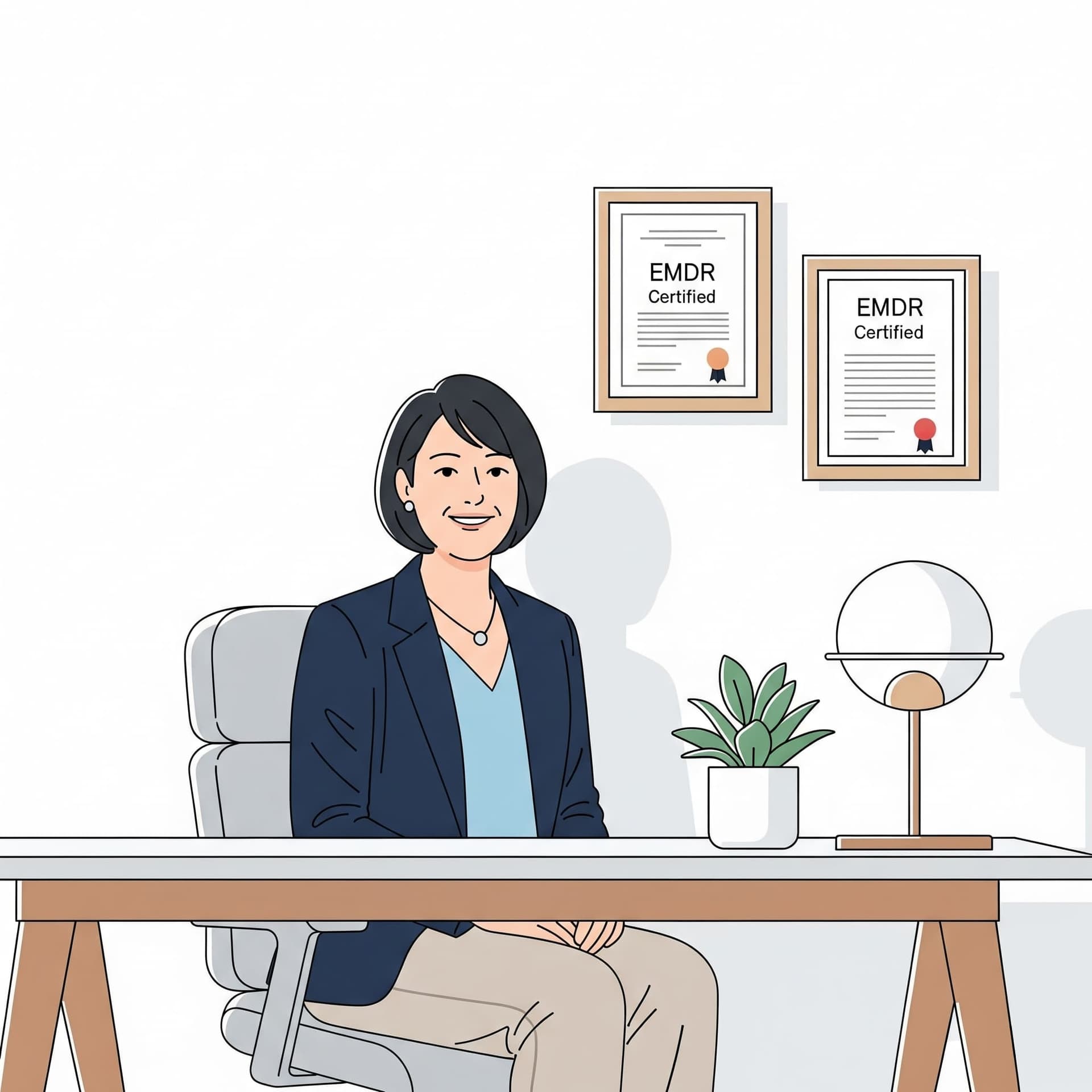 A professional EMDR therapist with certification documents, highlighting credibility.